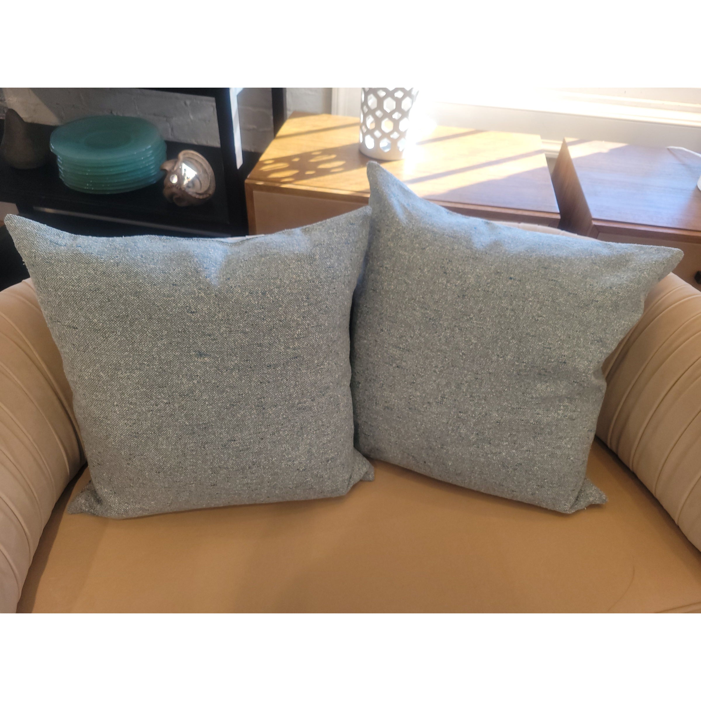 PAIR of Custom Light Blue Wool & Cotton Square Pillows
