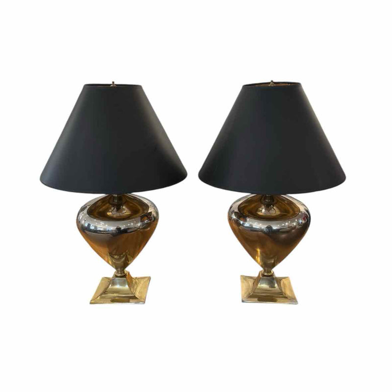 Pair of Chrome & Brass Table Lamps w/ Black Shades