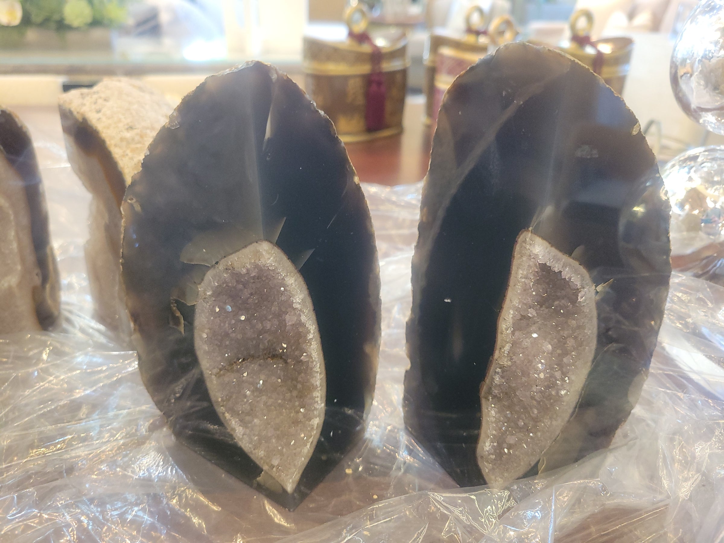 Pair of Black Agate Geode Bookends