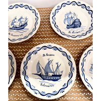 Set of Seven Antique  French Quimper Plates w/ Ships, 9.25" Dia x 4"H