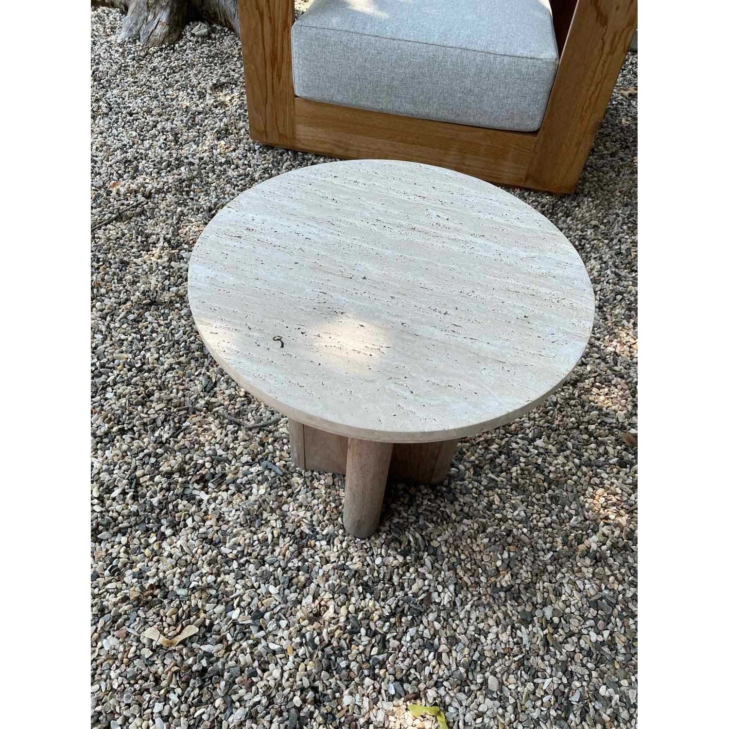 Victoria Teak Side Table w/ Round Travertine Top by Harbour (AS IS)