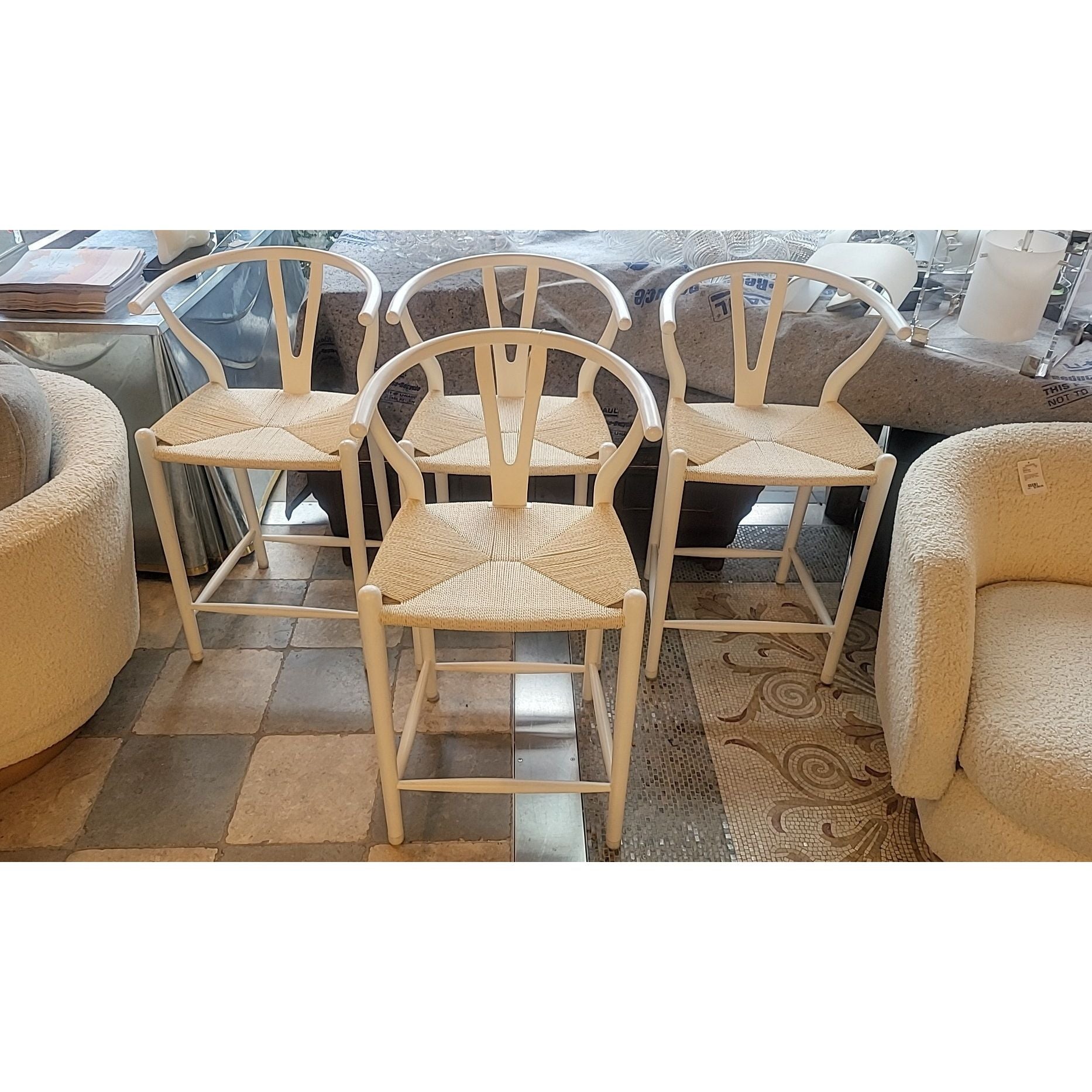 SET of 4 White Wood Wishbone Counter Stools w/ Natural Cord Seats