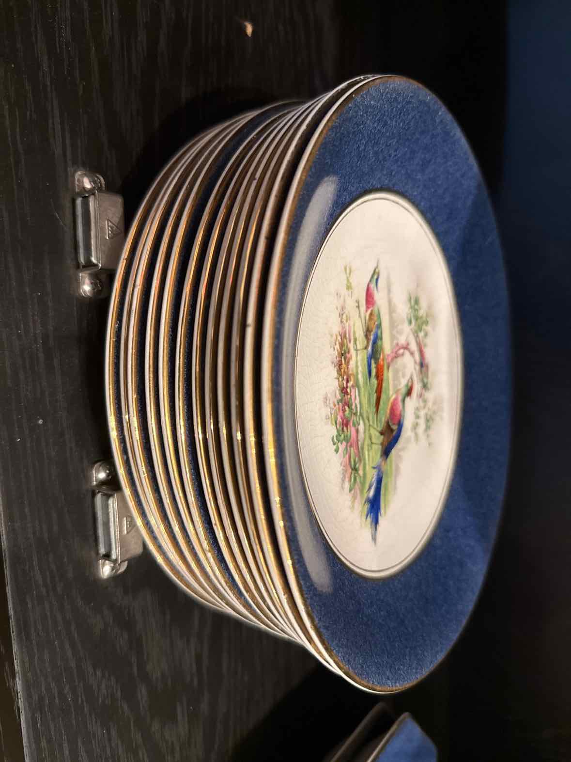 Set of 12 Vintage English Wedgewood Colbalt Rim w/Pheasants Plates, 9.18" Dia