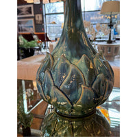 PAIR of Blue Ceramic Artichoke Table Lamps w/ Shades (AS IS) - colletteconsignment.com