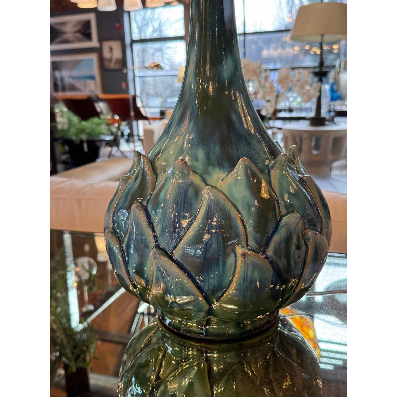 PAIR of Blue Ceramic Artichoke Table Lamps w/ Shades (AS IS) - colletteconsignment.com