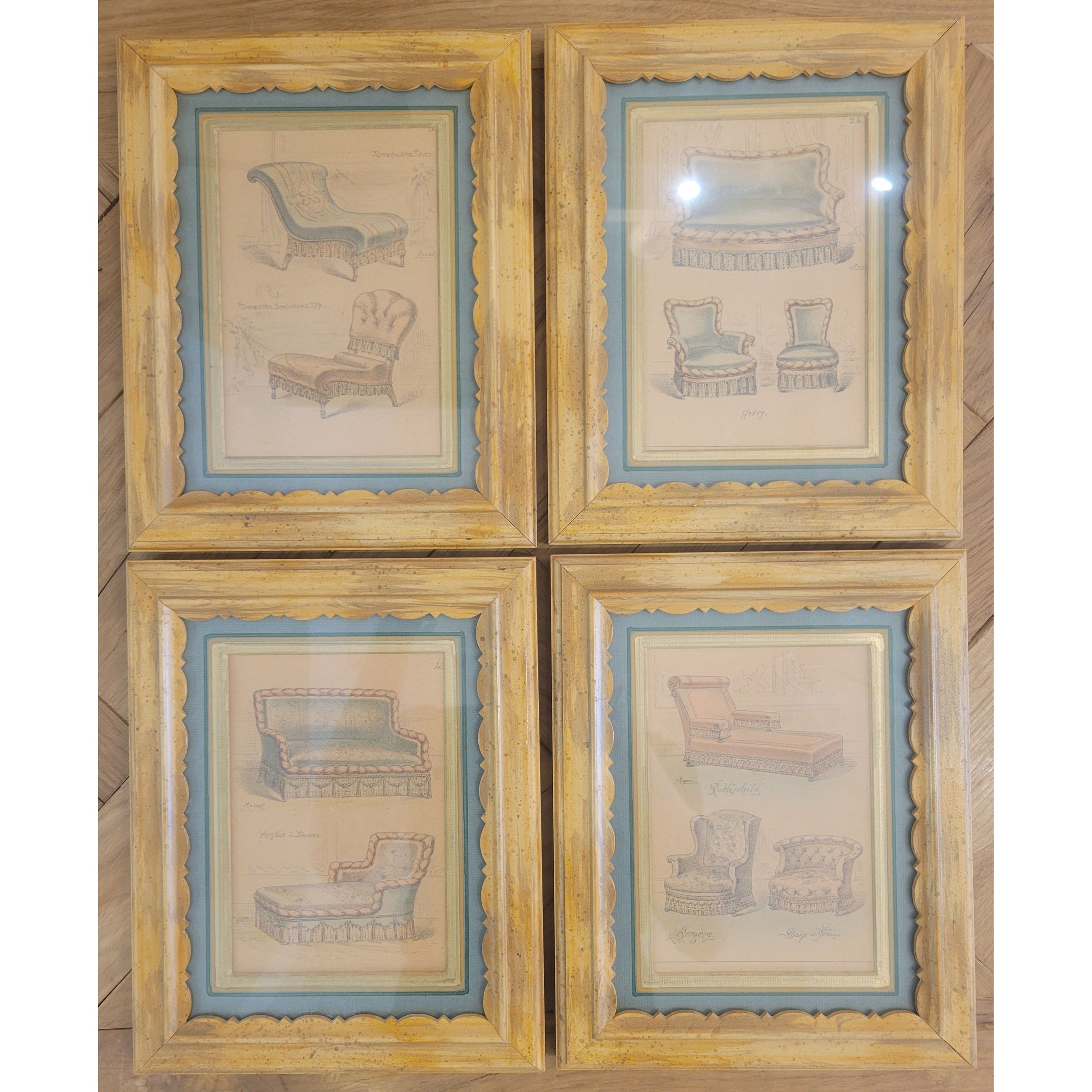 SET of 4 Interior Furniture Prints c.1890 in Wood Frames