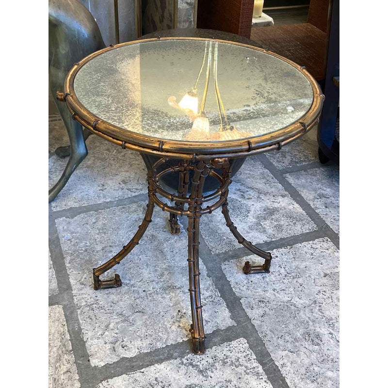 Metal Bamboo Style Side Table with Antique Mirror Top