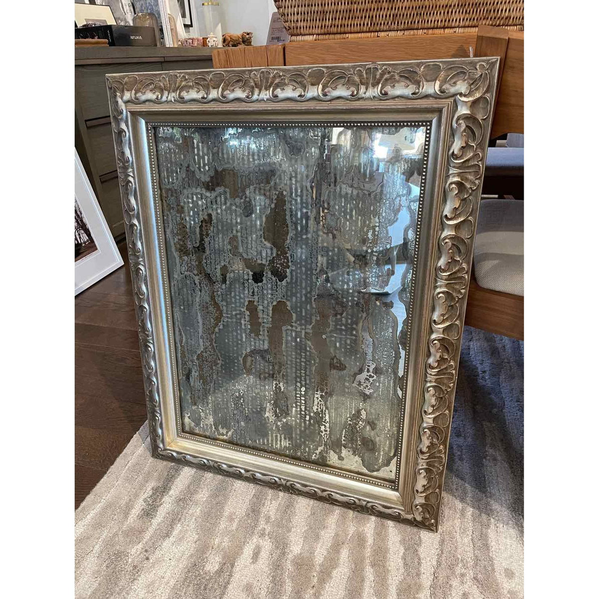 Ornate Silver Leaf Wall Mirror w/ Antiqued Glass