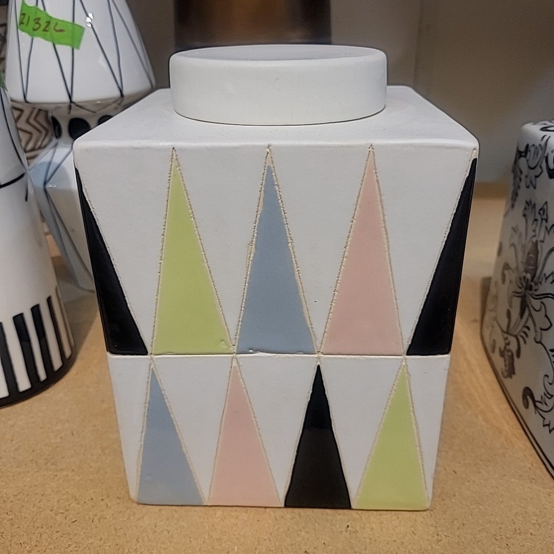 Matte Multicolor Triangles Print Ceramic Jar w/ Lid