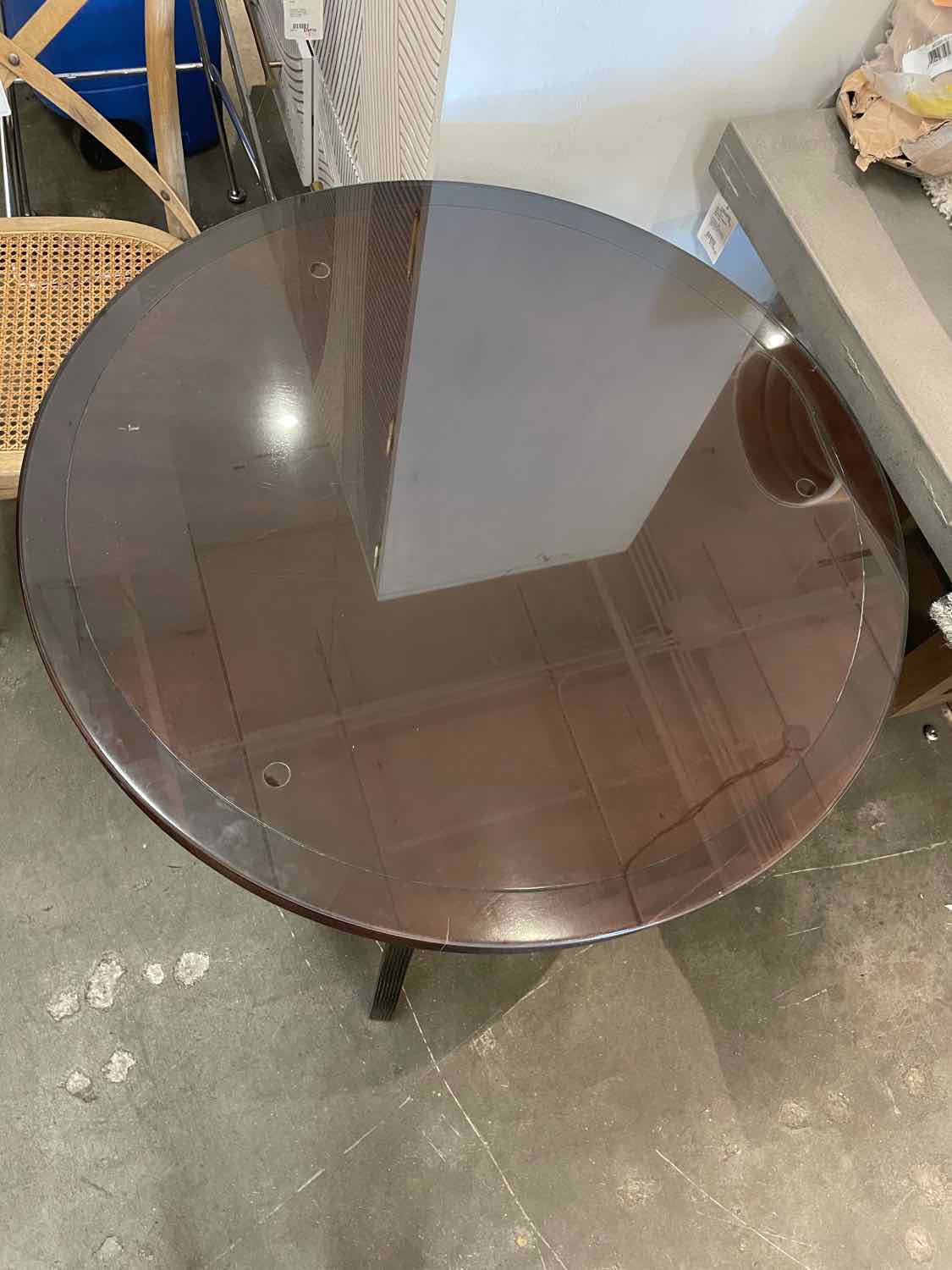Round Mahogany Entry Table w/ 2 Shelves & Glass Top by Barbara Barry for Baker