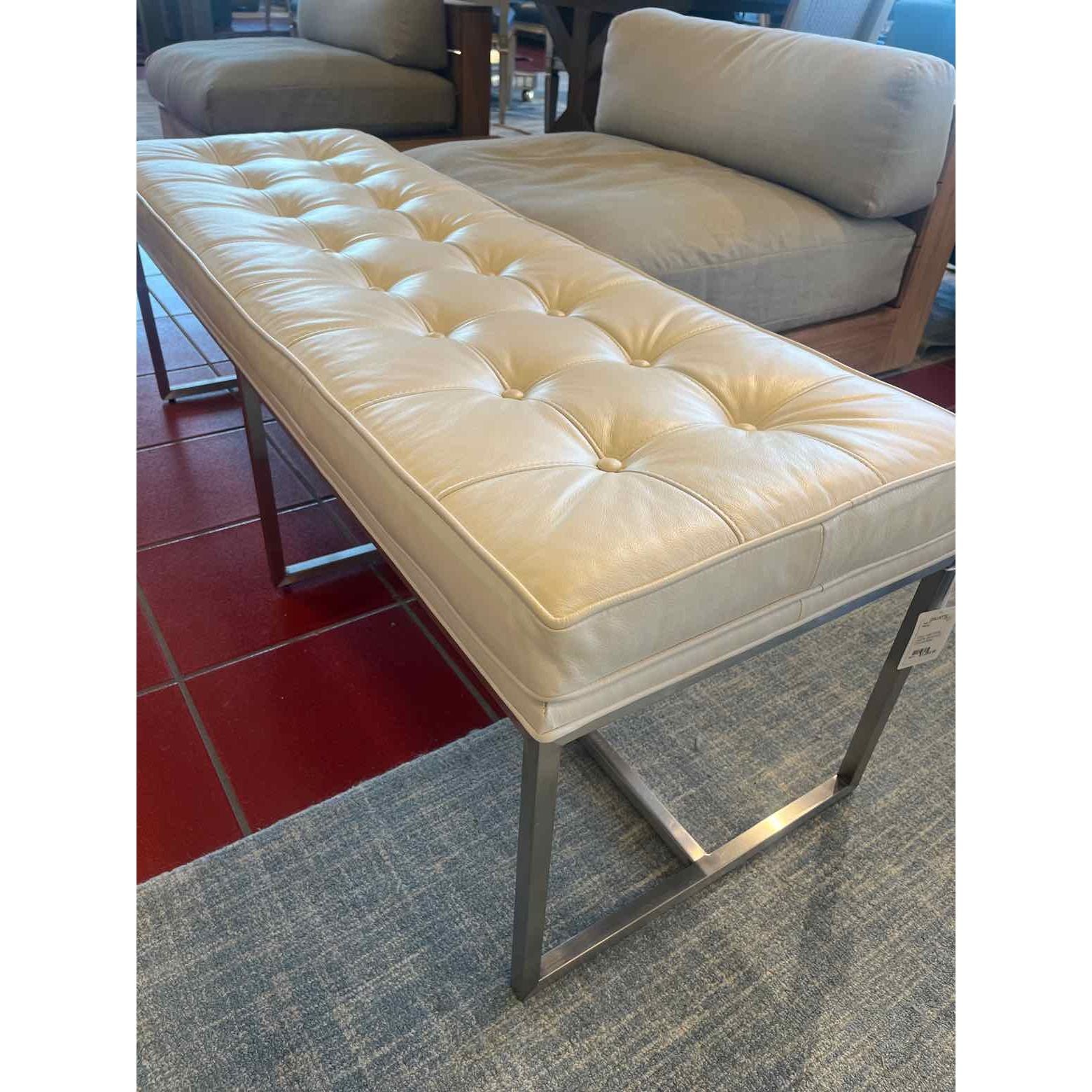 Ethan Allen White Tufted  Leather Bench with Chrome Base - colletteconsignment.com