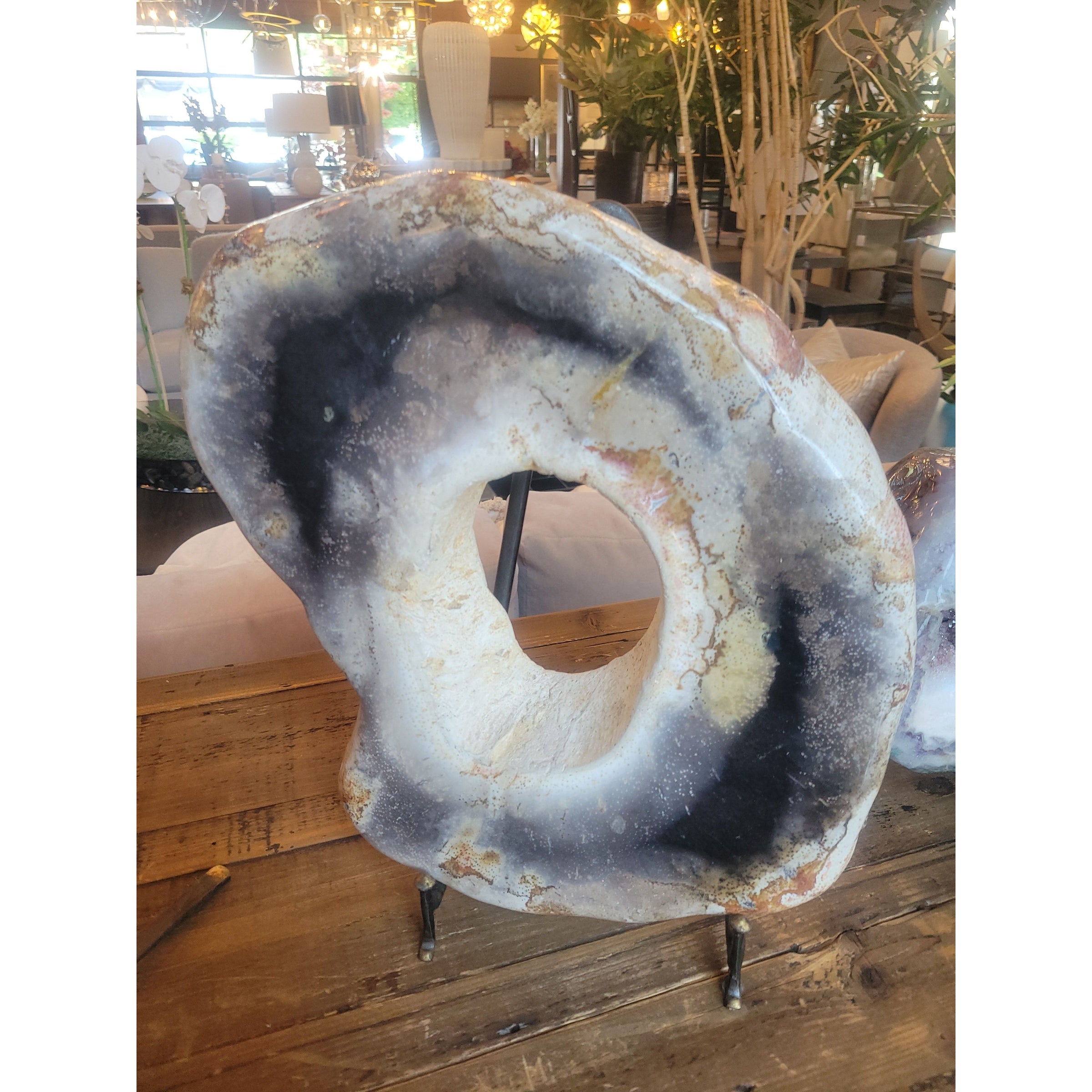 Petrified Wood Ring Sculpture on Iron Stand