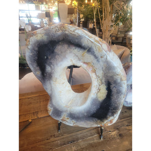 Petrified Wood Ring Sculpture on Iron Stand