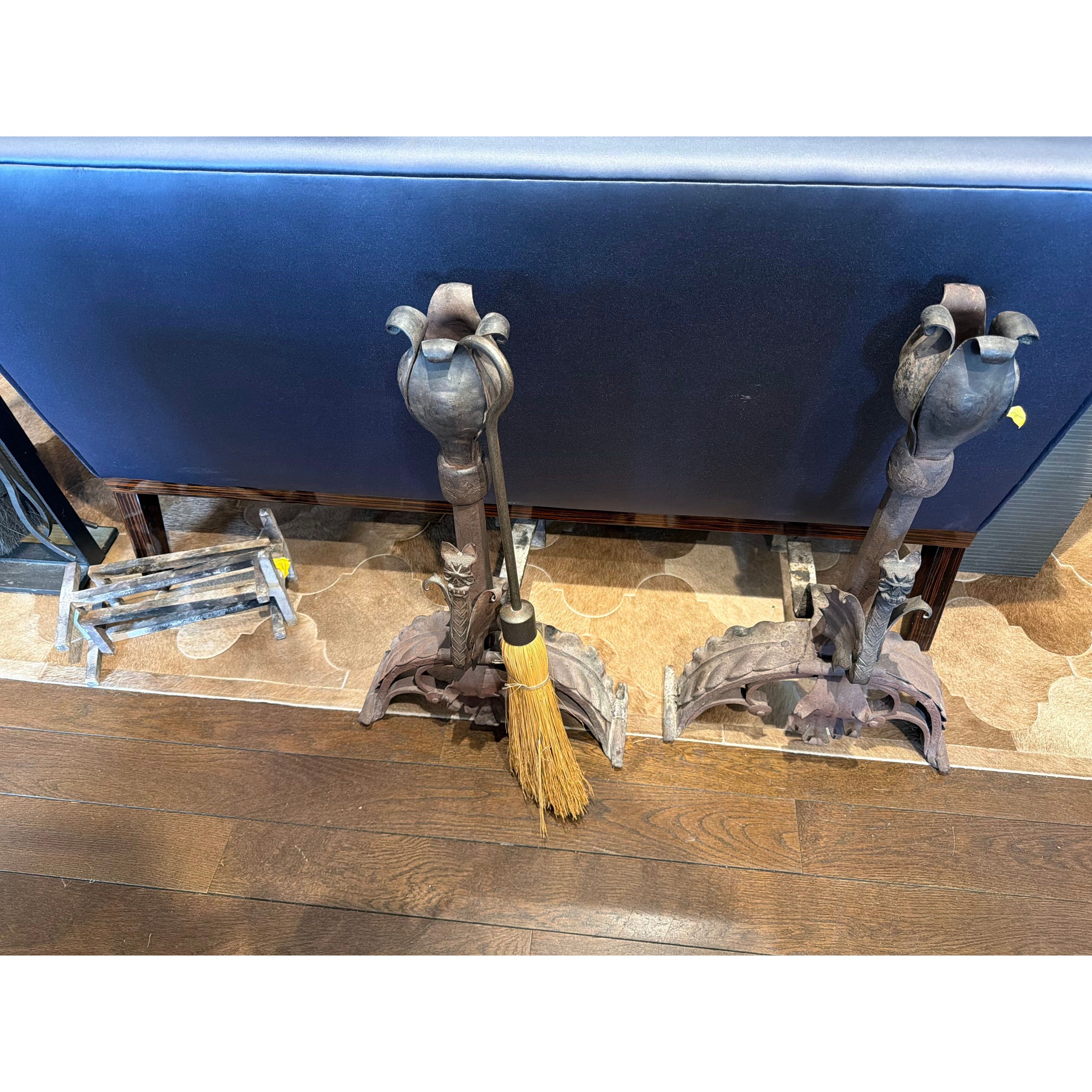 SET of Vintage Fireplace Accessories: 2 Dragon Andirons, 2 Log Supports, 1 Brush