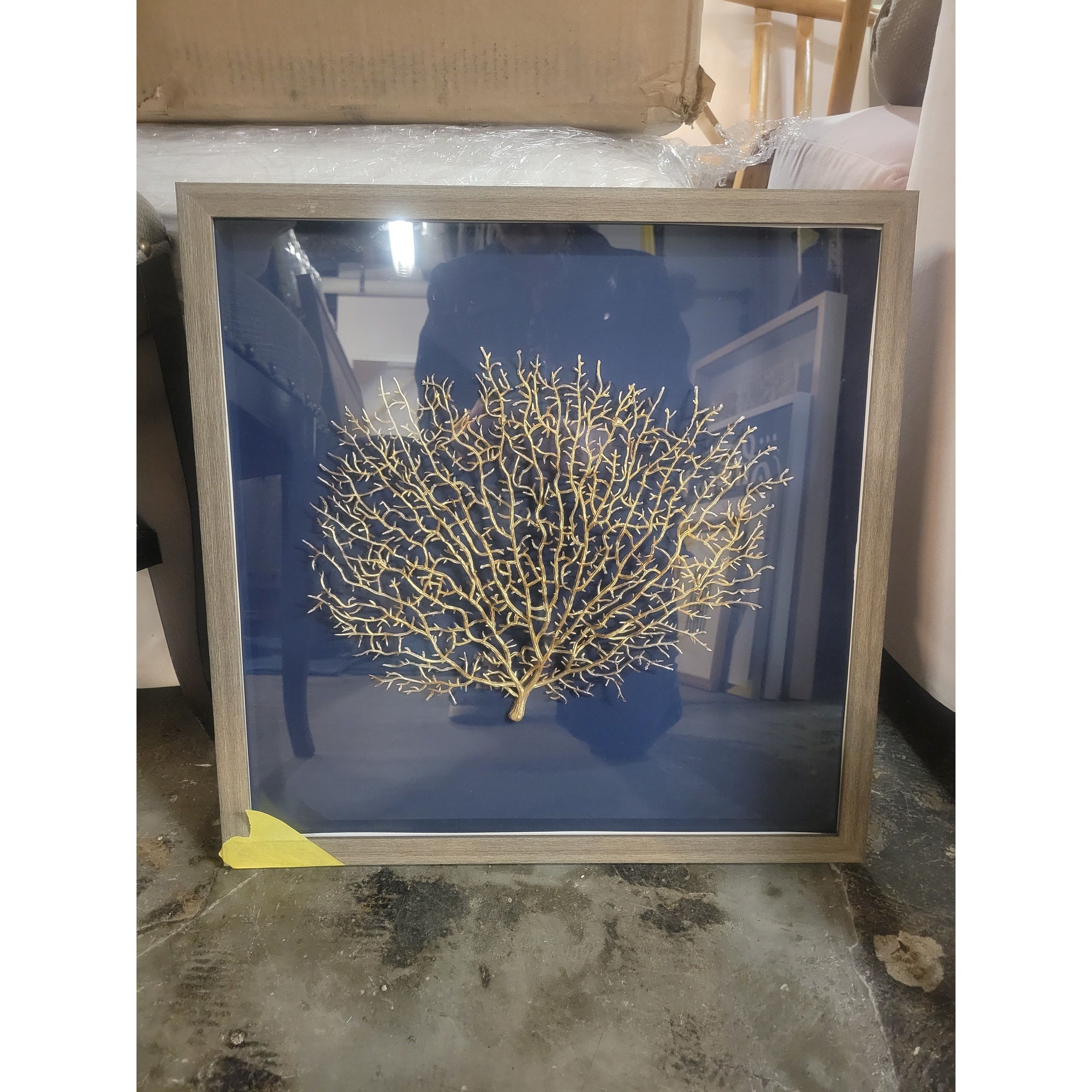 Gold Tree on Navy Canvas Shadow Box in Frame - colletteconsignment.com