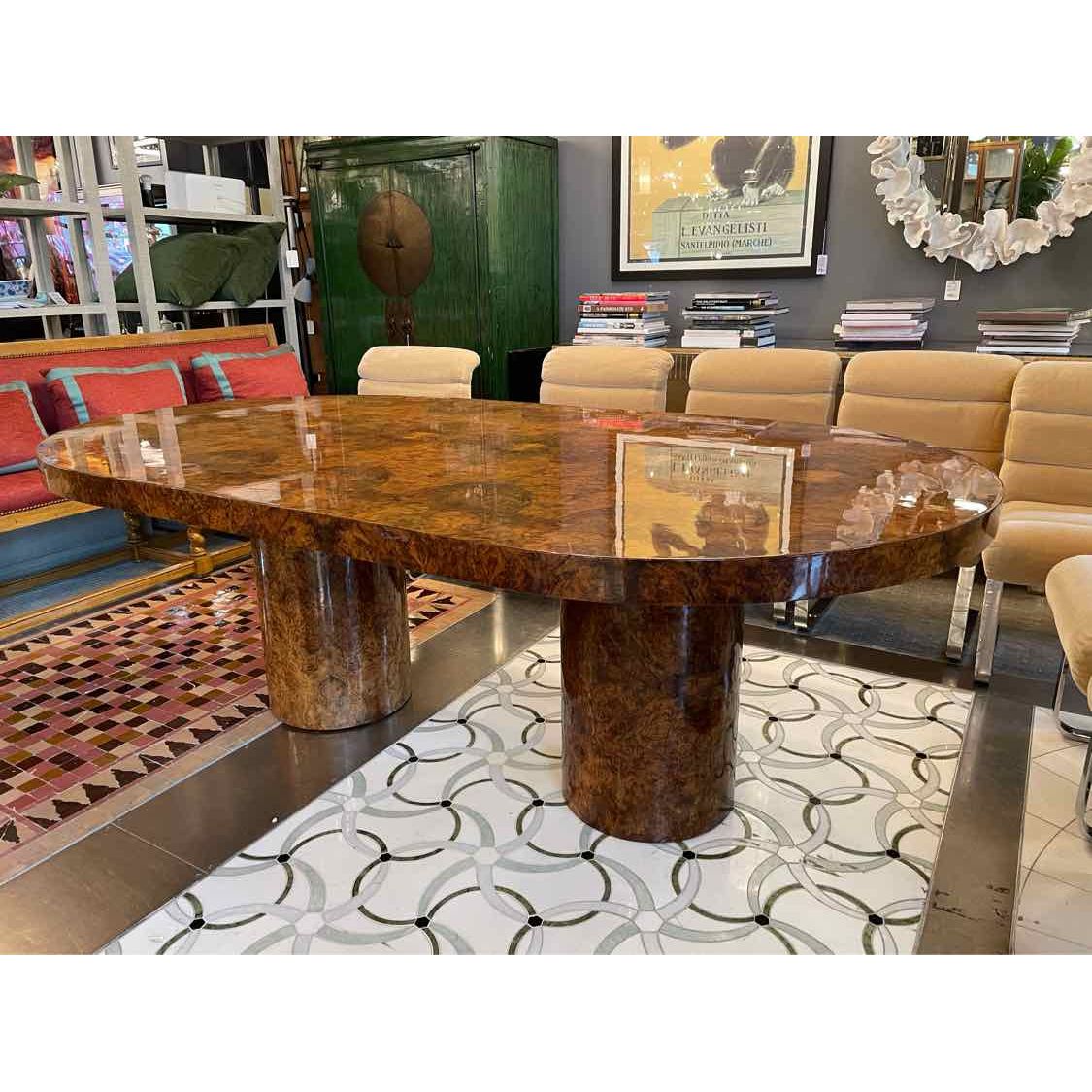 7-ft Lacquered Mahogany Burlwood Dining Table by Paul Mayen for Intrex (AS IS) - colletteconsignment.com