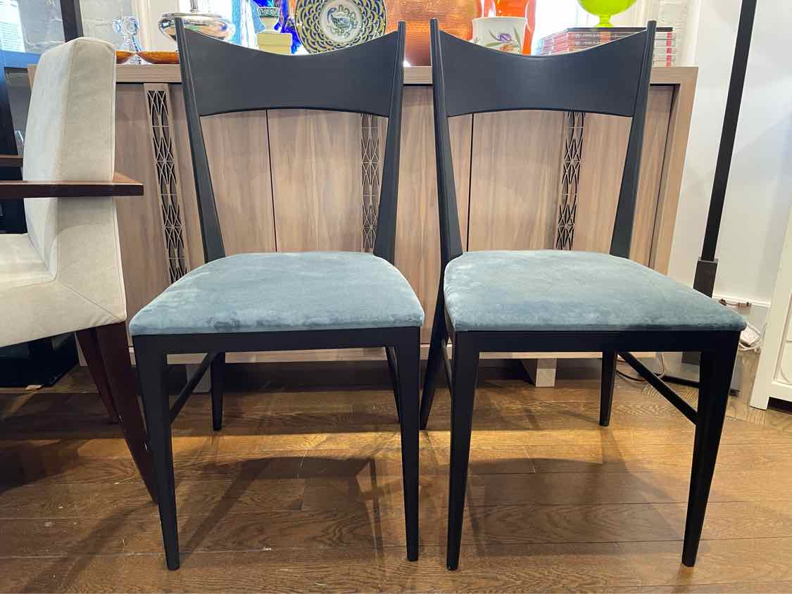 SET of 8 Black Wood Dining Chairs w/ Blue Velvet Seats by Paul McCobb