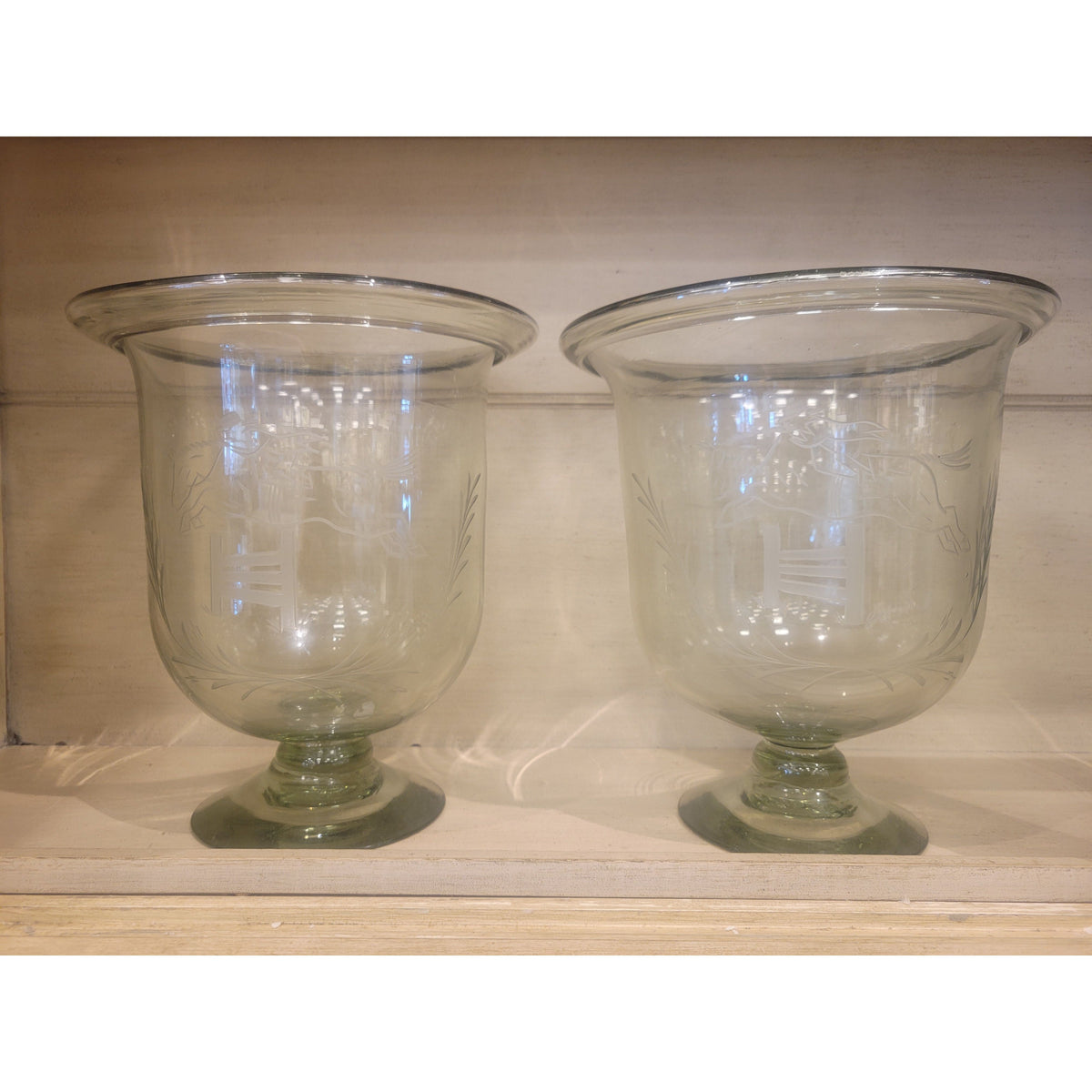 PAIR of Etched Glass Hurricanes w/ Equestrian Jumper Design - colletteconsignment.com