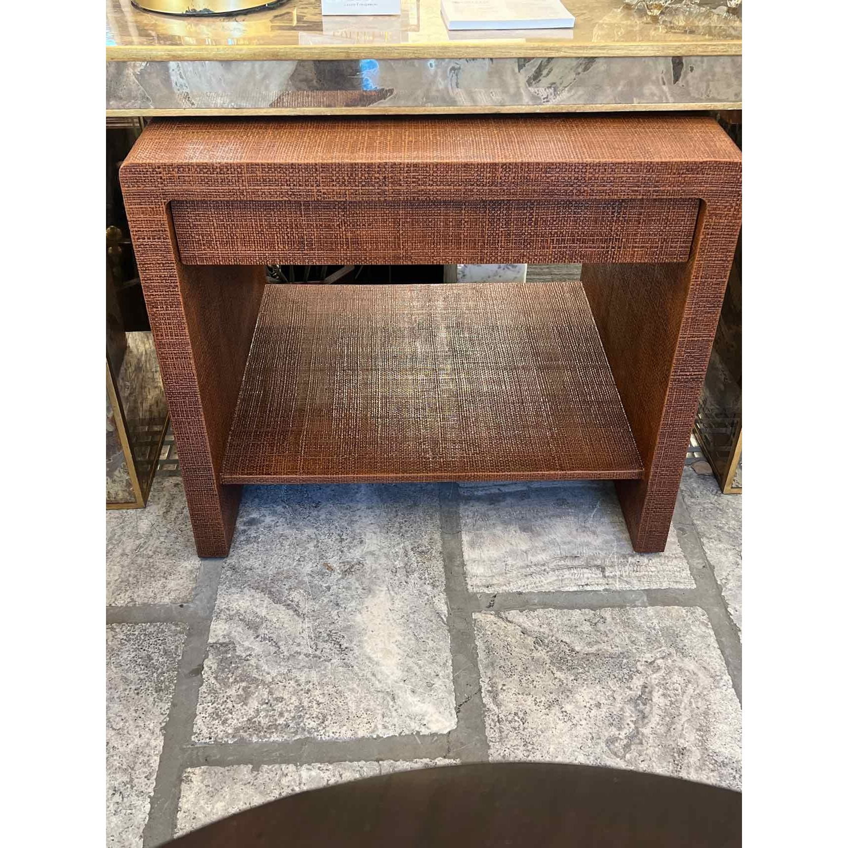 Single Shelf Brown Grass Cloth Covered End Table