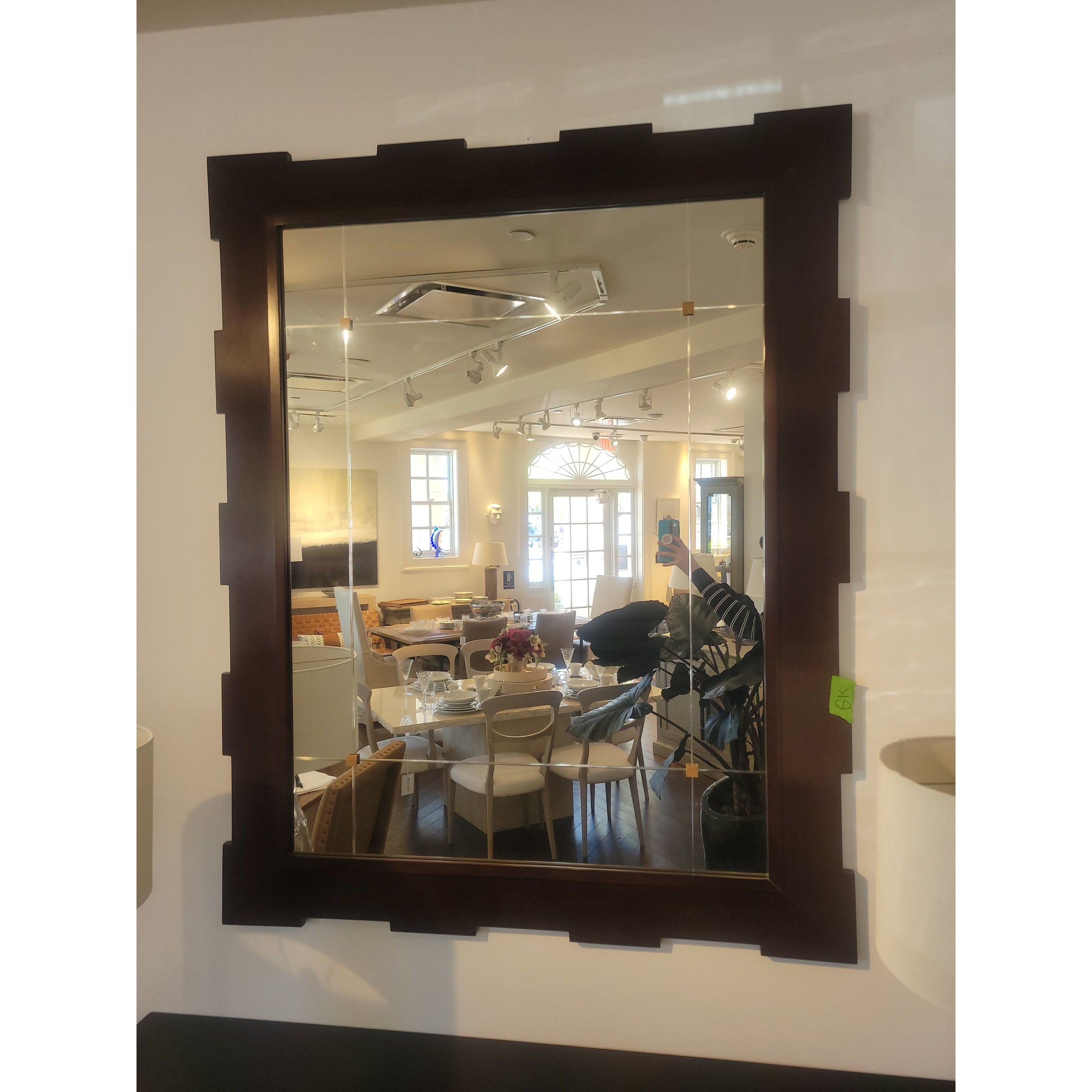 Geometric Cut Wood Castle Mirror w/ Segmented Buttoned Glass by Baker - colletteconsignment.com