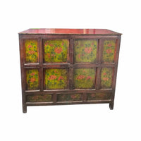 Antique Tibetan Wood Cabinet w/ Hand-Painted Red Top & Flower Motif Doors