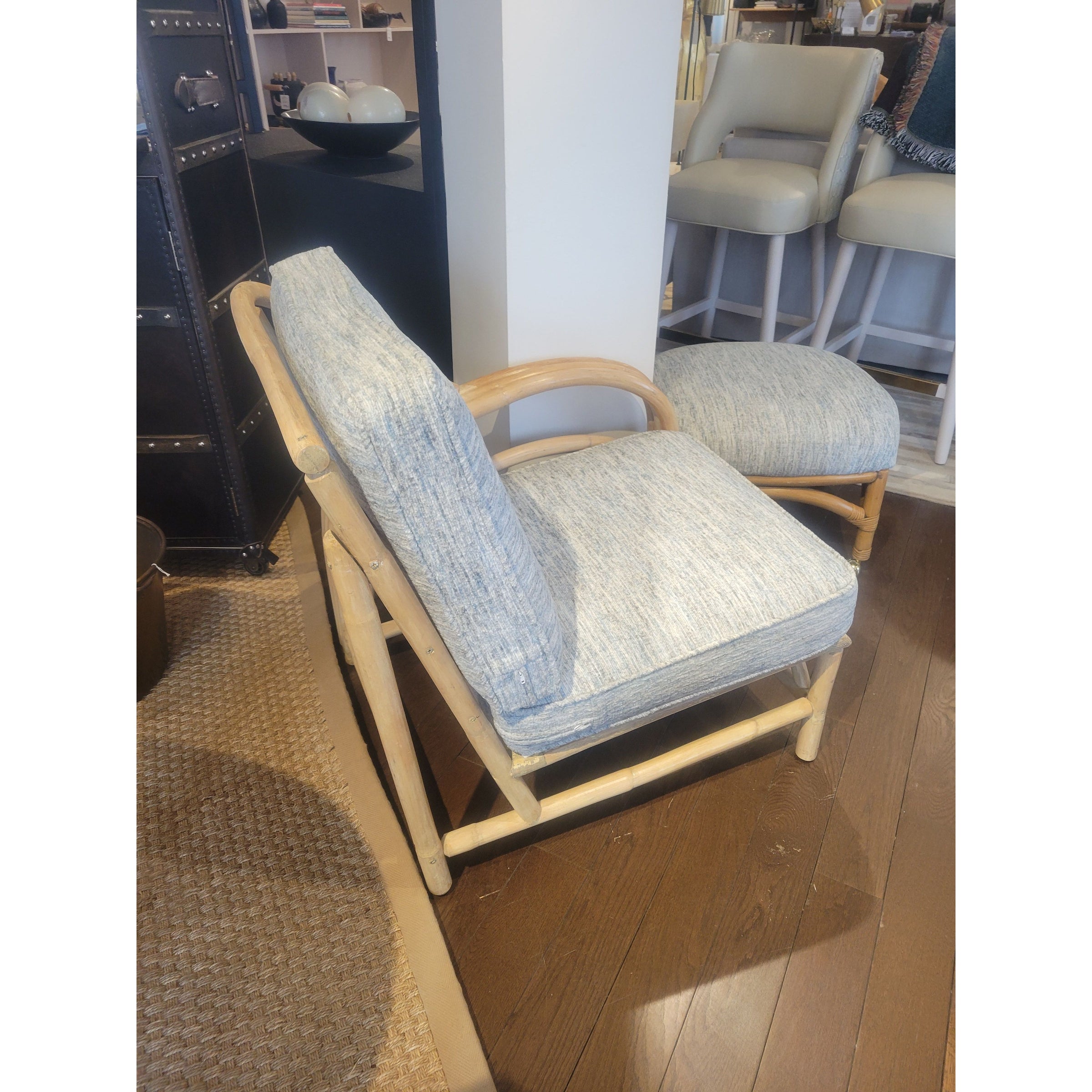 2-Pc 1950s Rattan Sofa w/ Blue Cushions & Ottoman - colletteconsignment.com