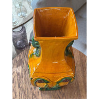 Art Nouveau Glazed Ceramic 2-Handled Vase in Mustard and Green Glaze