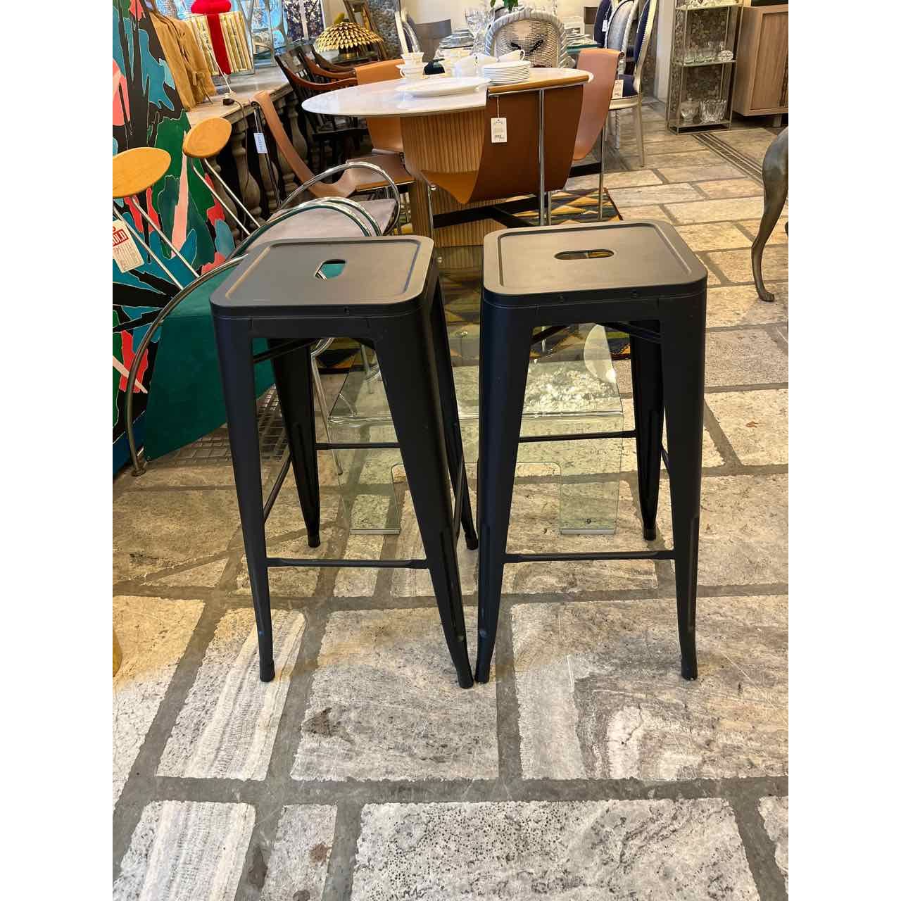 Pair of Black Metal Bar Stools