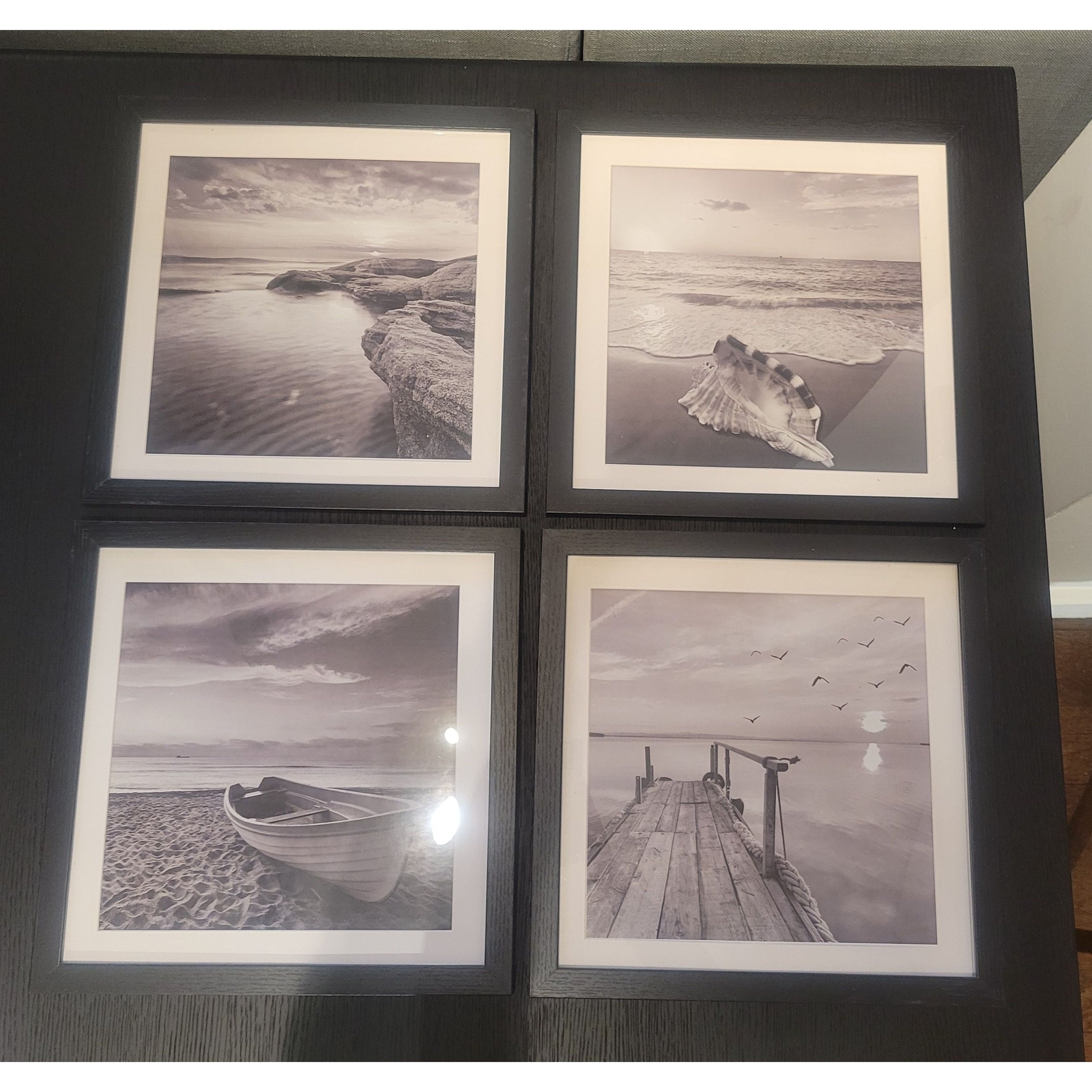 SET of 4 B&W Beach Photos in Black Frames