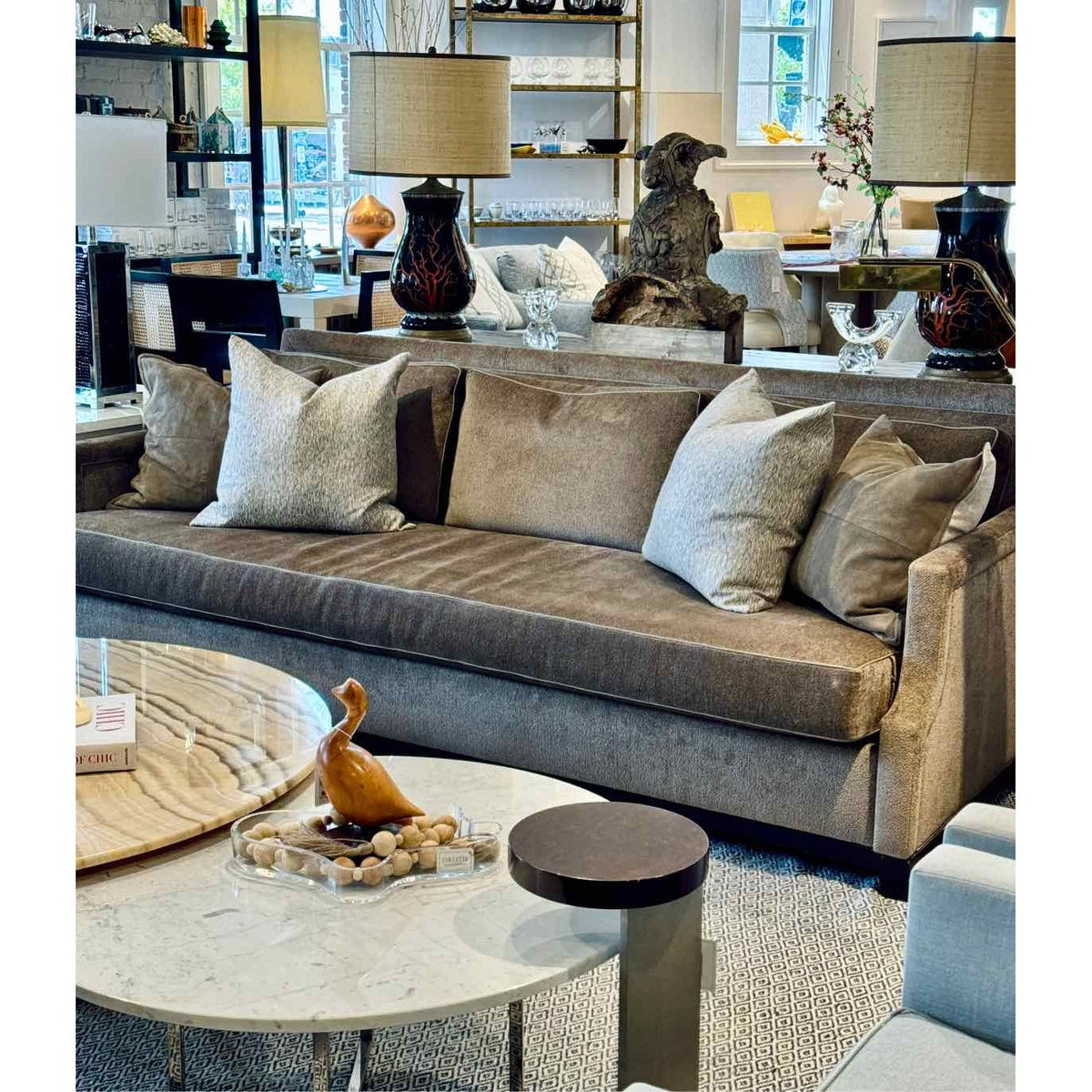 Custom Sofa by Holly Hunt w/ J. Robert Scott Velvet & Samuel & Sons Leather Welt - colletteconsignment.com