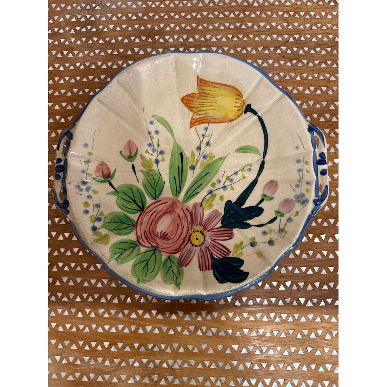 Antique Italian Hand Painted Floral Platter w/Handles, 11.5L x 10.75"W x 1.25"H