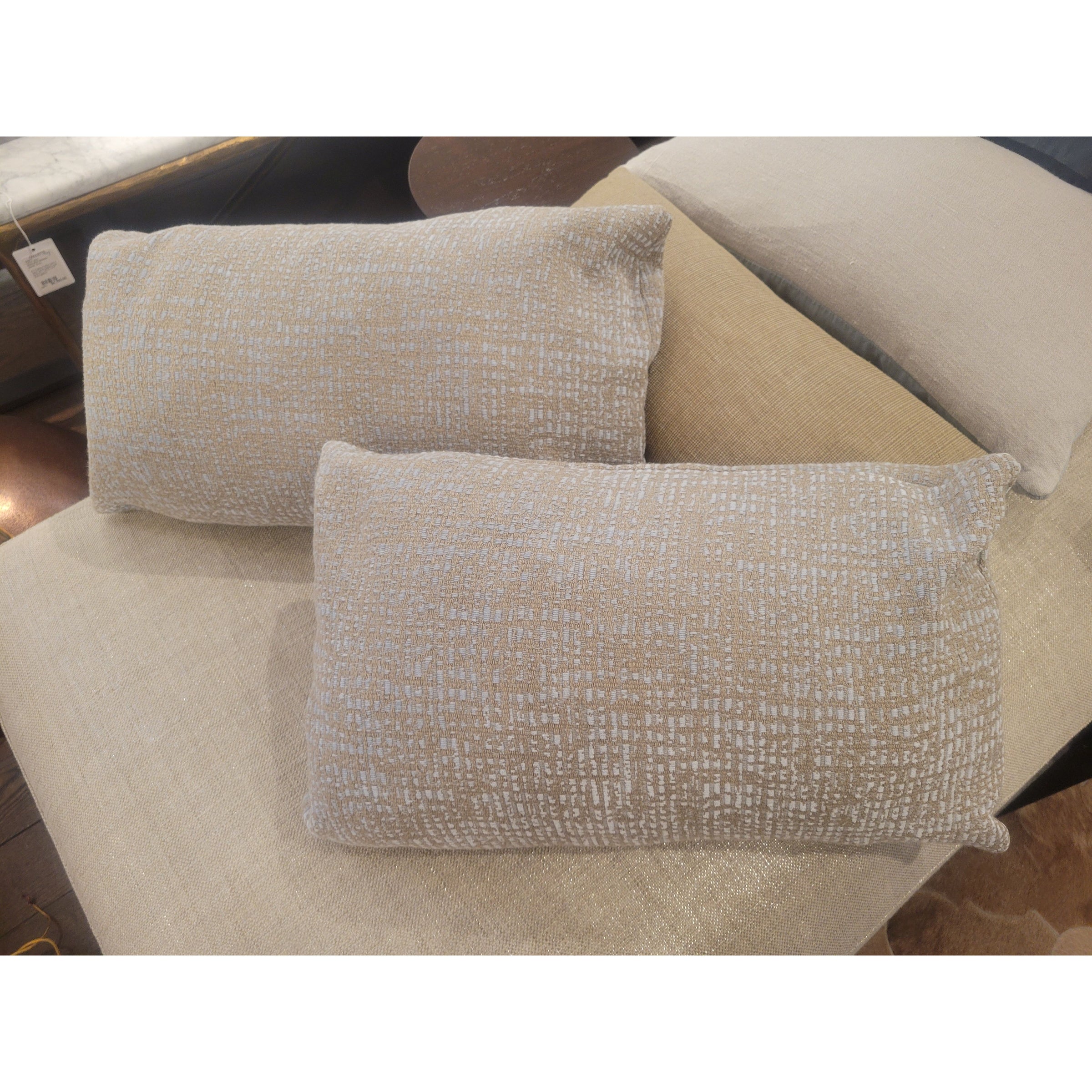 PAIR of Gray / Tan Lumbar Pillows w/ Down Inserts - colletteconsignment.com