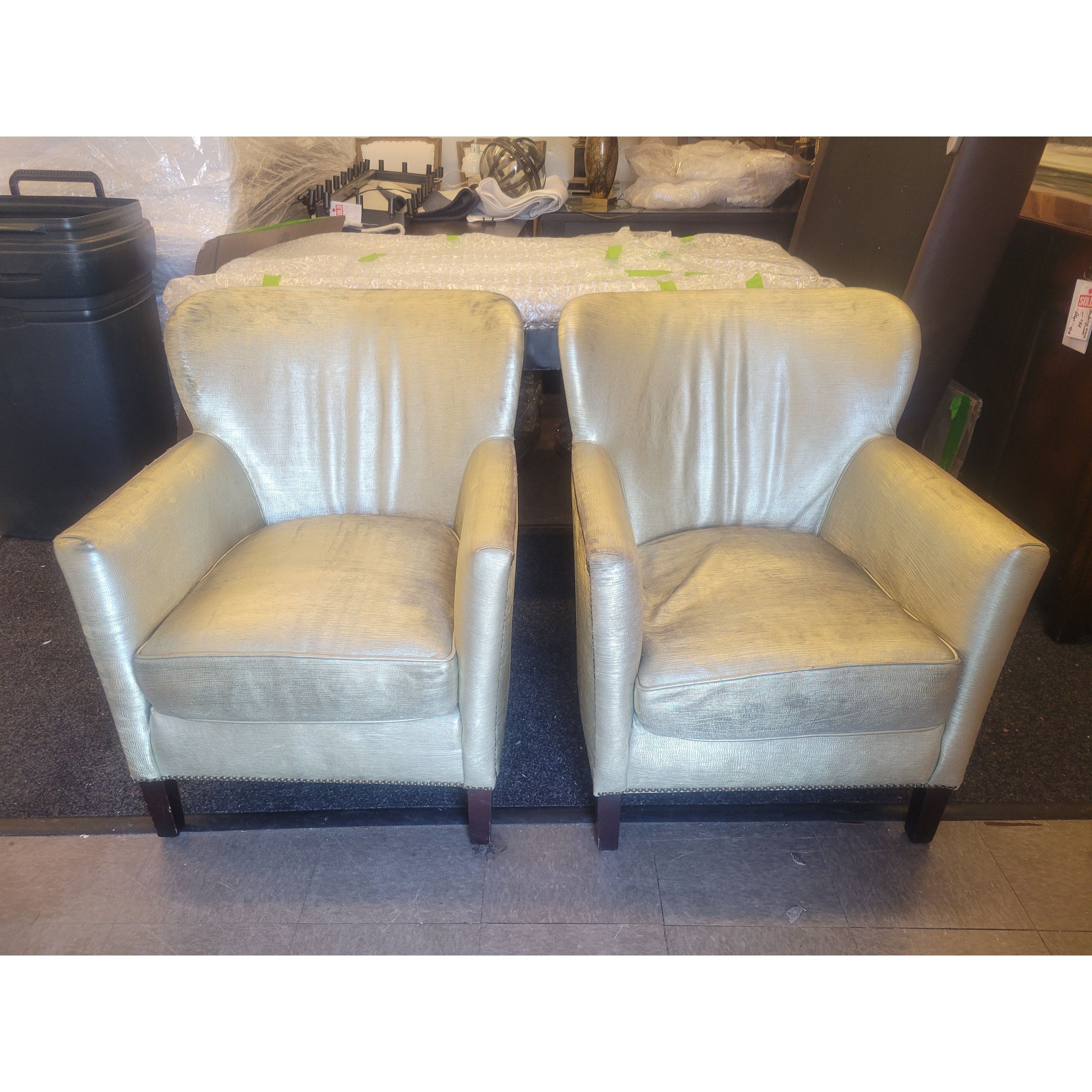 PAIR of Gold Fabric Nailhead Arm Chairs by Lee Industries (AS IS) - colletteconsignment.com