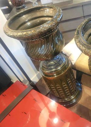 Vintage Dark Green Glazed Clay Urn on Pedestal from NY Armory