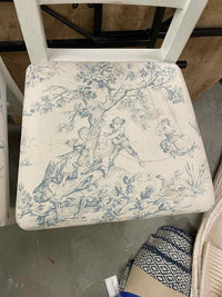 SET of 3 Vintage White Counter Stools w/ Toile Seat Cushions (AS IS)