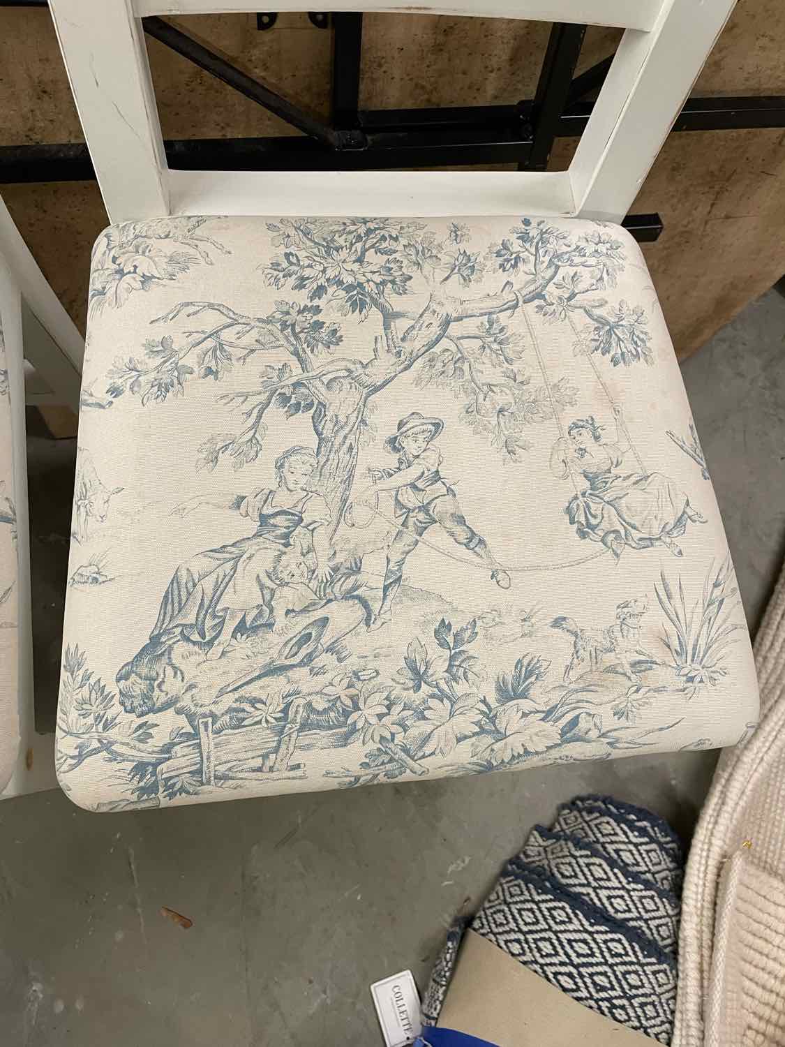 SET of 3 Vintage White Counter Stools w/ Toile Seat Cushions (AS IS)
