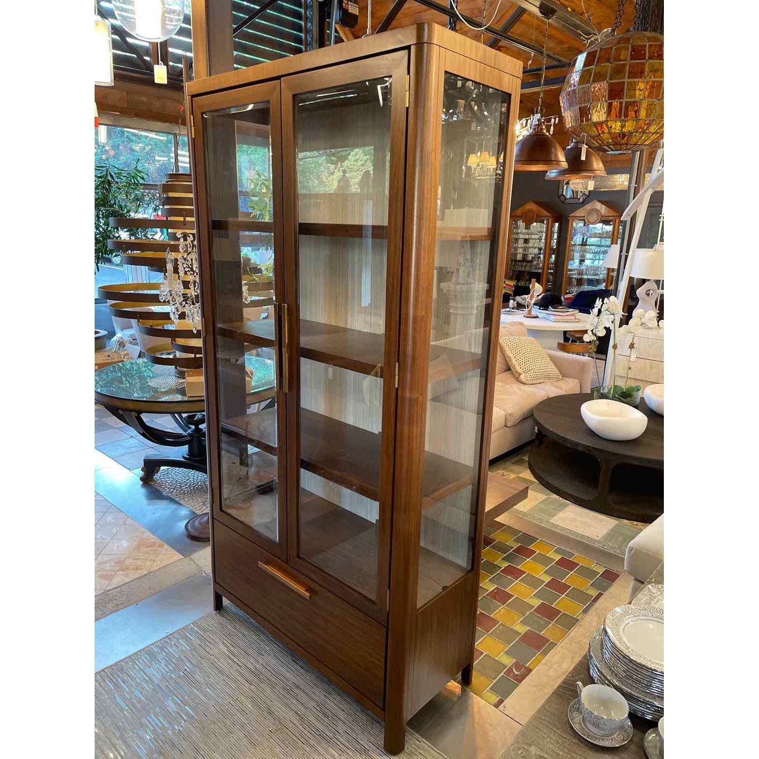 Walnut Eleana Cabinet w/ Beveled Glass Panel Doors & LED Lighting by Hooker