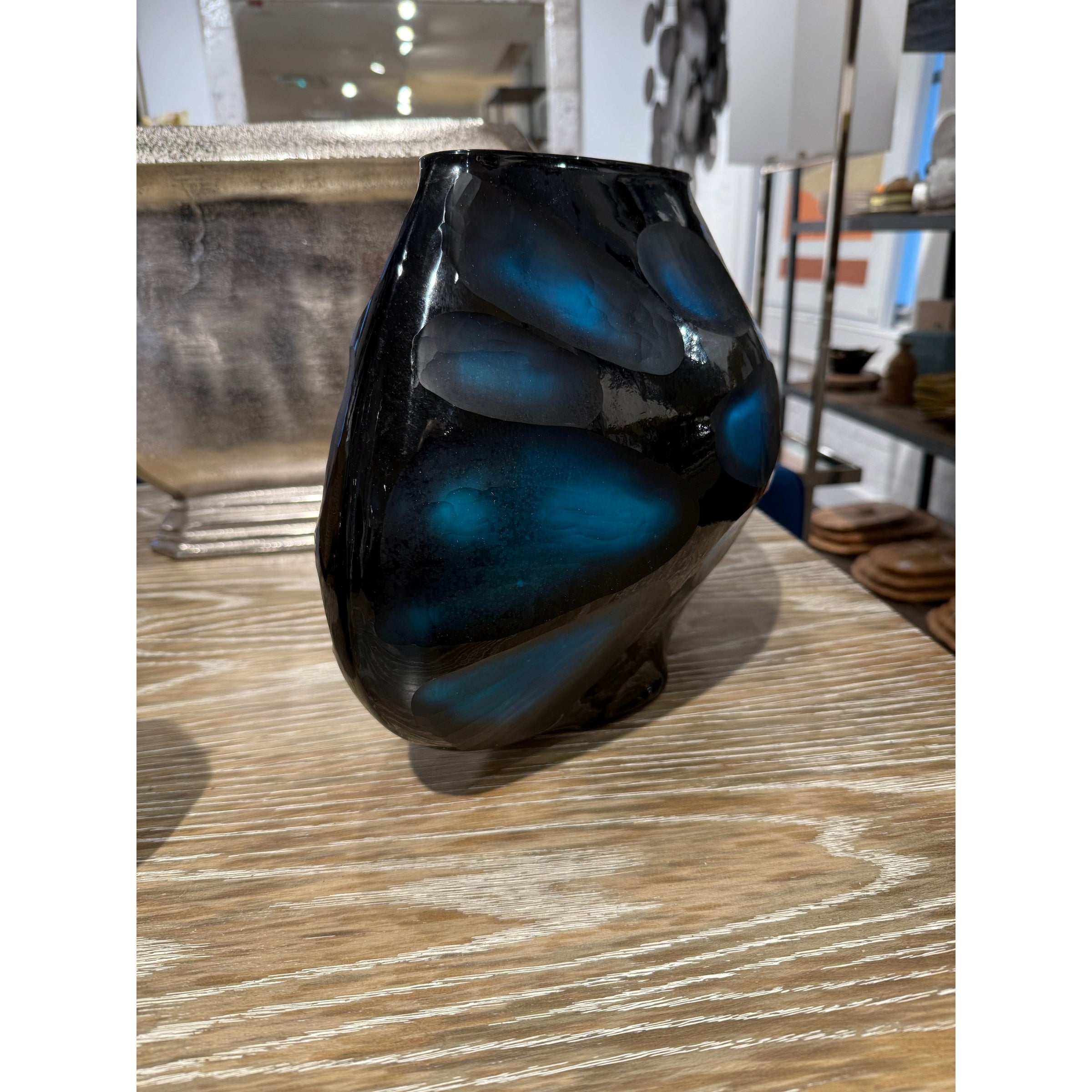 Large Blue  Mid Century Murano Battuto Style Vase, 13.5"L x 7"W x 11.5"H