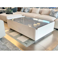 Gray Glass Top Coffee Table w/ White Painted Steel Base