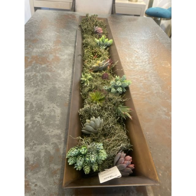 Long Brass Finished Steel Planter w/ Faux Succulents by RH - colletteconsignment.com