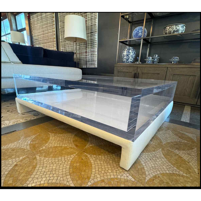 Custom Lucite / White Leather Coffee Table by Classic Gallery