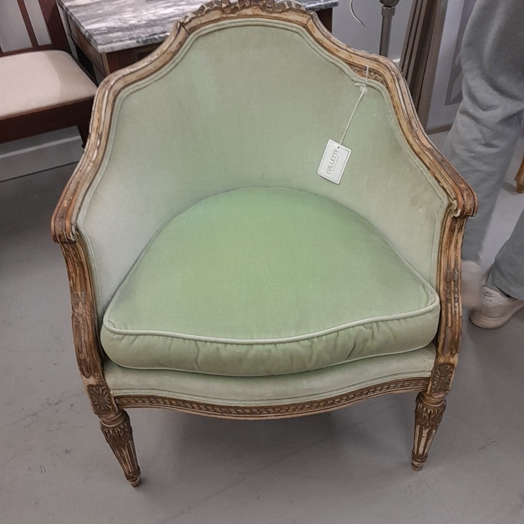 Small Curved Back Antique French Louis XV Armchair in Green Velvet