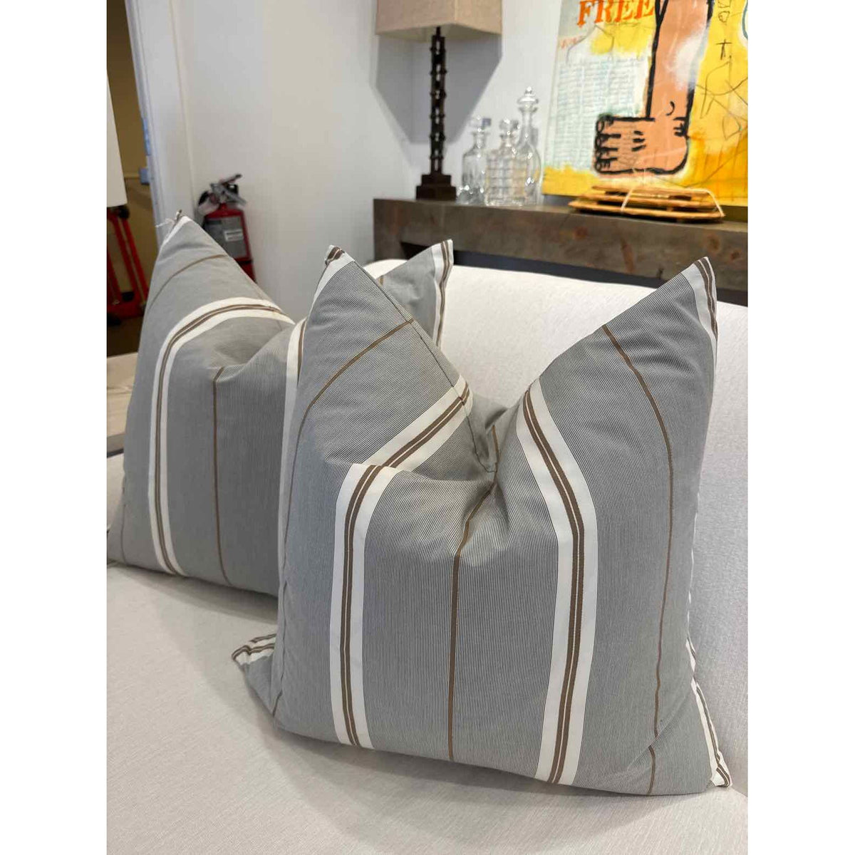 Pair of Striped Grey & Brown Over White Pillows 20"x20"