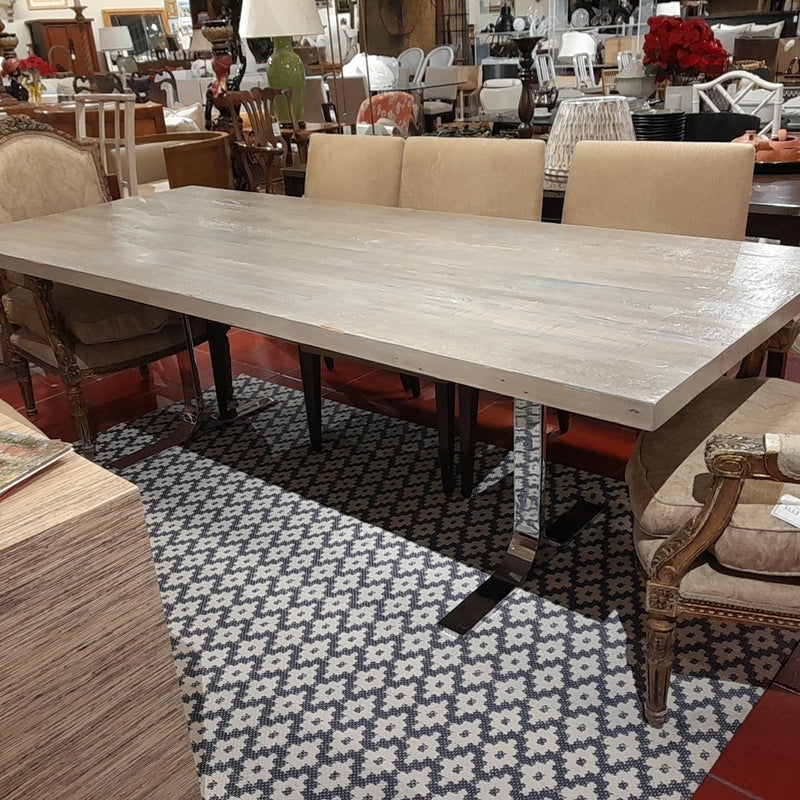 Grey / Beige Painted Wood Dining Table w/ Chrome Legs AS IS (scrape)