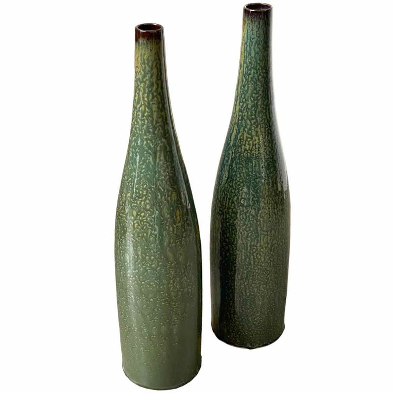 Pair of Contemporary Thai Glazed Porcelain Bottle Neck Vases - colletteconsignment.com