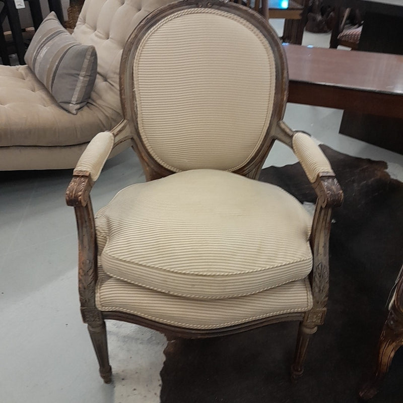 Small Antique French Louis XVI Oval Back Armchair in Beige Stripe Fabric