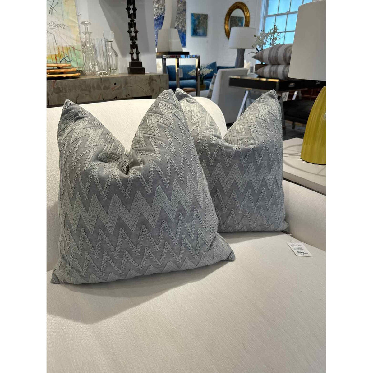 Pair of Sage Blue Linen Embroidered Pillows