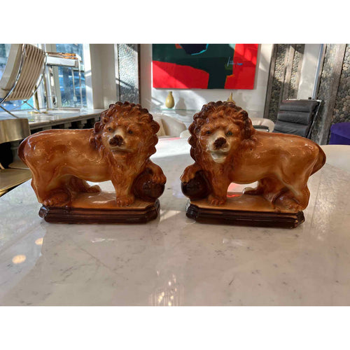 Pair of Antique Staffordshire Style Lion Statues - colletteconsignment.com