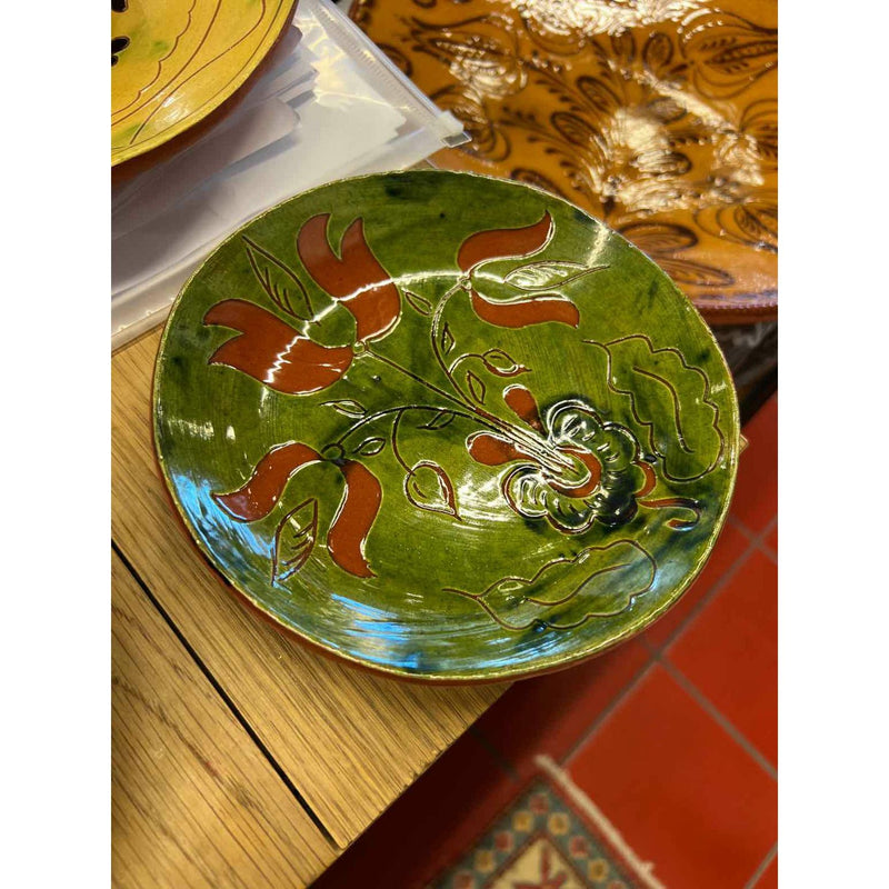 Green Glazed Terracotta Dish w/ Floral Motif