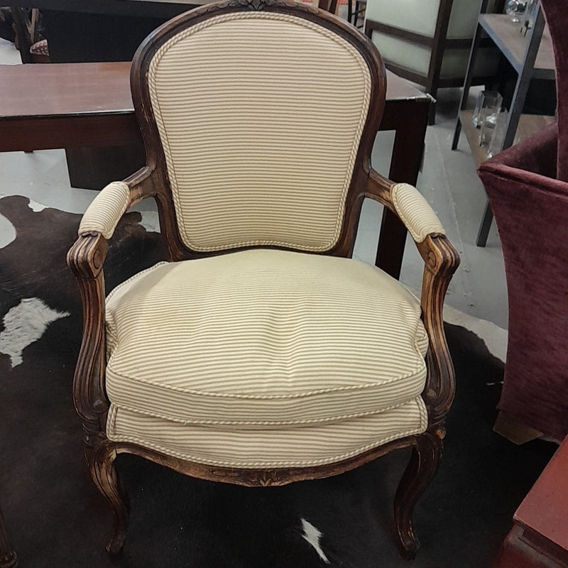 Small Antique French Louis XV Armchair in Beige Stripe Fabric